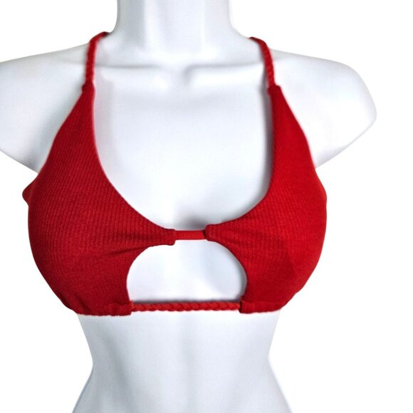 Zaful Womens Red Ribbed Cutout Bikini Set Size Small Tie Back Sexy Beach Pool - Picture 3 of 5